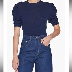 FRAME Navy Ruched Cashmere Short Sleeve Sweater